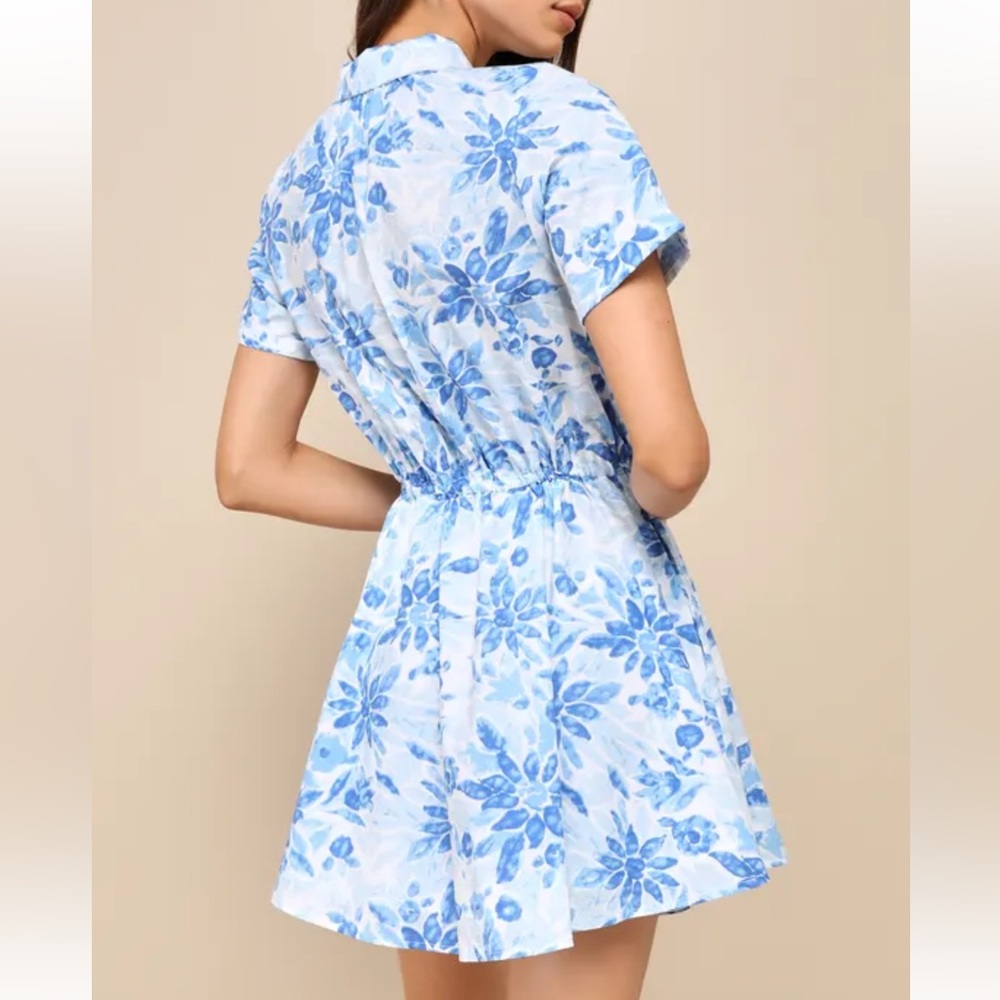 Lulu’s Sunny Charisma Shirt Dress Blue Floral Button Mini Tropical Preppy Medium - Picture 2 of 12